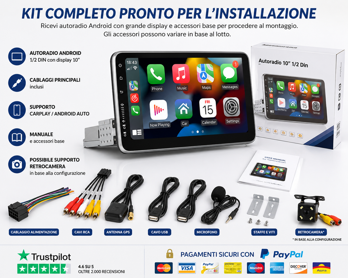 AUTORADIO ANDROID 10″ STEREO AUTO UNIVERSALE 1/2 DIN