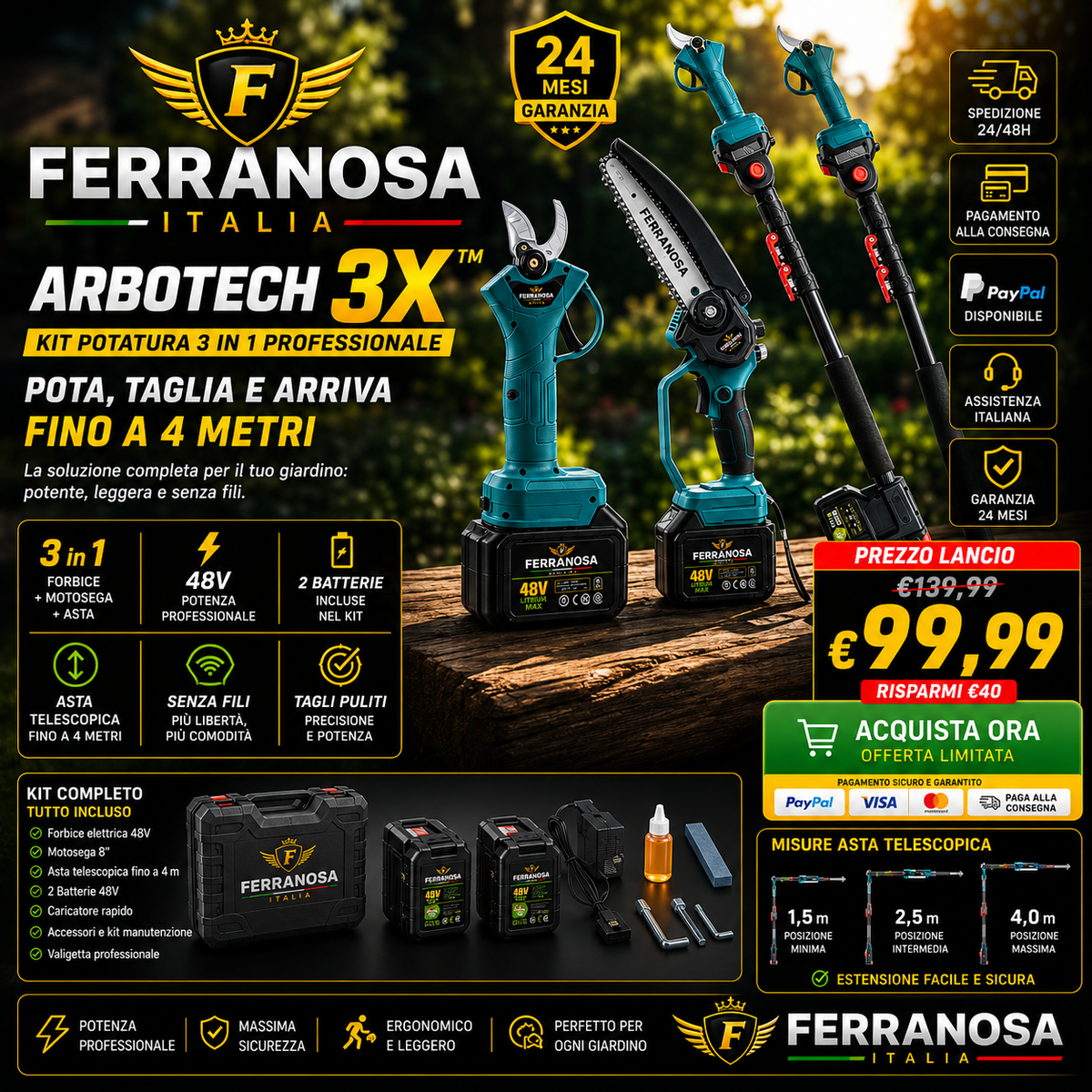 Kit ferranosa Potatura  con asta 3 in 1